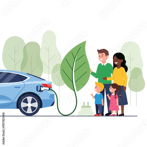 Family standing by an electric vehicle charging with a leaf icon representing environmental friendliness and sustainability