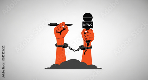 Symbolic illustration depicting chained hands, one holding a pen and the other a news microphone, representing the crucial global issue of restricted press freedom and censorship