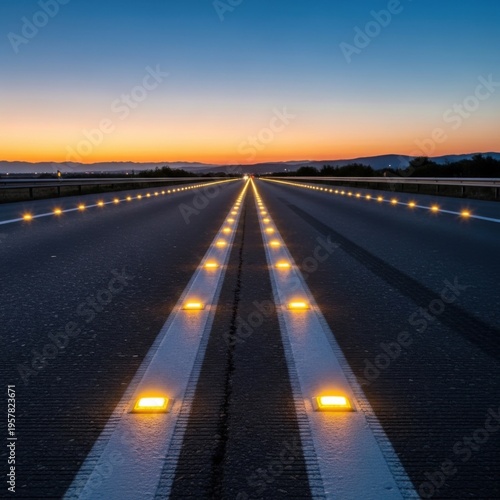 Illuminated Runway at Dusk Guiding Towards the Horizon