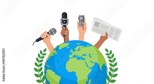  World Press Freedom Day Diverse hands uplift global journalism tools, symbolizing worldwide media communication and freedom of the press in an interconnected world
