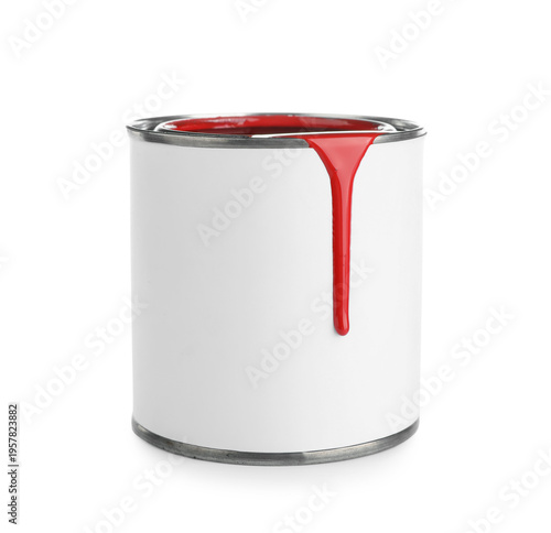 Can of red paint on white b...