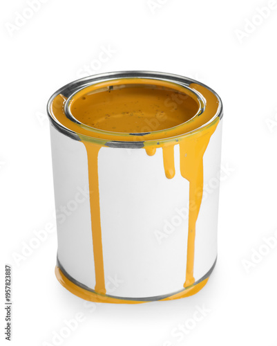 Can of yellow paint on whit...