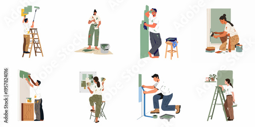 Collection of people painting walls and doing home renovation projects, featuring various tools like rollers, brushes, and ladders in a flat illustration style.