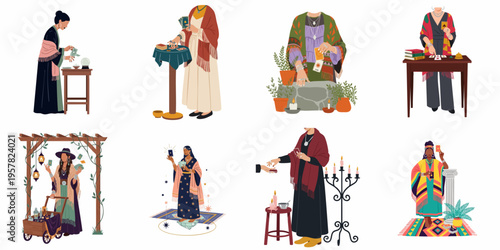 Collection of diverse female fortune tellers, tarot card readers, and spiritual mystics in bohemian outfits performing divination rituals in flat vector illustration style.