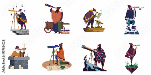 Flat Illustration Set of Various Astronomer Characters Using Telescopes for Stargazing, Navigation, and Scientific Discovery in Fantasy and Historical Themes