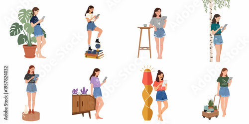 Collection of illustrations featuring a young woman using a tablet, wearing zodiac-themed t-shirts in various lifestyle settings.