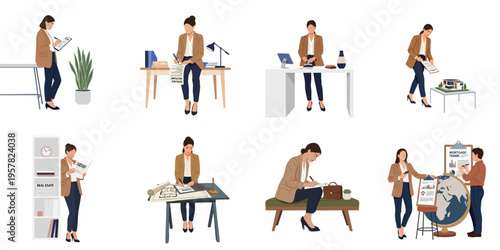 Professional real estate agent or broker handling mortgage agreements, loan documents, and property contracts in various office settings, flat vector illustration set.