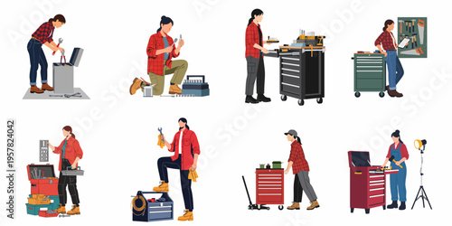 Set of female mechanics and handypersons working with various toolboxes, tool carts, and hand tools in a workshop or garage setting.