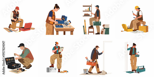 Flat illustration set of construction workers, carpenters, and handymen performing various repair and building tasks with tools and equipment.