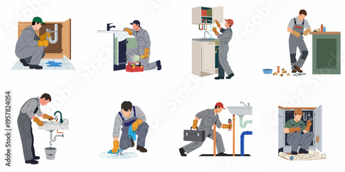 Set of professional plumbers performing various maintenance and repair tasks on sinks and pipes, including fixing leaks and installing fixtures.