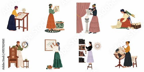 Collection of female astronomers and astrologers studying celestial maps, star charts, and the universe in a vintage bohemian illustration style.