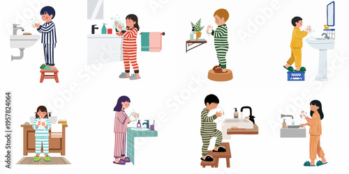 Collection of diverse children in pajamas practicing hand hygiene by washing hands at various bathroom sinks with soap and water.