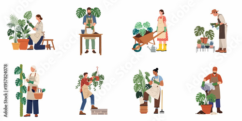 Diverse People Caring for Houseplants and Monstera Deliciosa, Gardening Activity Collection Isolated on White