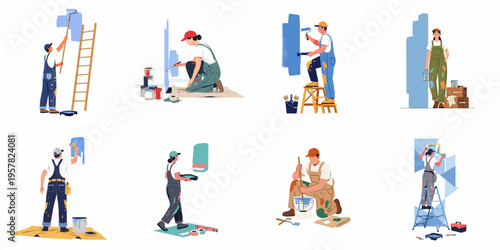 Set of professional house painters and decorators in overalls painting walls with rollers and brushes, home renovation and interior design concept illustrations.
