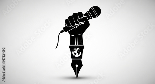Freedom of the press symbol fist holding microphone and pen with globe around inkwell symbolizing global journalism and free speech rights