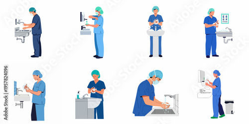 Flat Vector Illustration Set of Medical Professionals Performing Hand Washing Hygiene Protocol in a Healthcare Setting