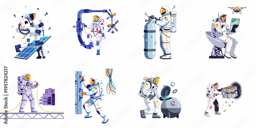 Fototapeta premium Vector set of astronauts performing various maintenance and technical tasks on a space station, including repairs, engineering, and equipment management.