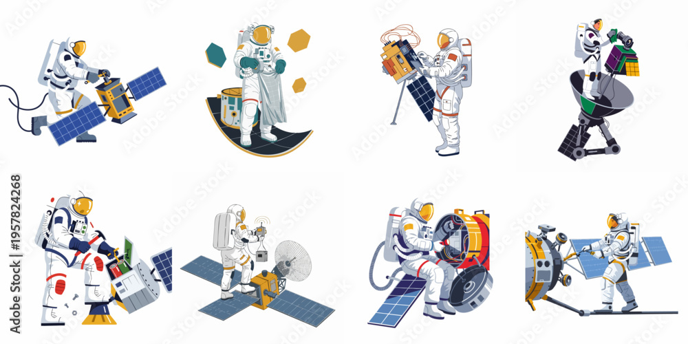 Fototapeta premium Collection of vector illustrations featuring astronauts in space suits performing maintenance and repair tasks on satellites and space equipment in outer space.