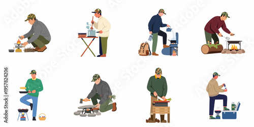 A set of flat vector illustrations depicting various outdoor camping and cooking activities performed by a man in camouflage gear.