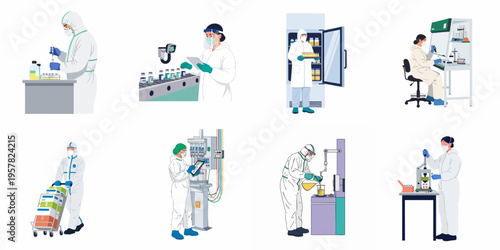 Set of vector illustrations featuring laboratory scientists in hazmat suits working on various stages of pharmaceutical vaccine production and medical research.