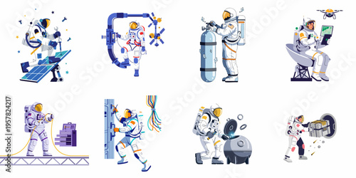 Vector set of astronauts performing various maintenance and technical tasks on a space station, including repairs, engineering, and equipment management.