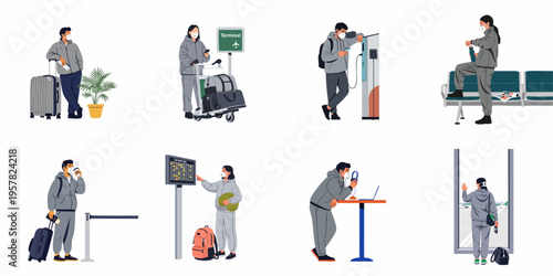 Set of flat vector illustrations depicting various travelers wearing face masks at an airport terminal, managing luggage, checking schedules, and waiting for flights.
