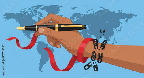 Freedom of the press symbolized by a broken chain and a pen held in a hand over a world map