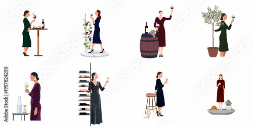 Set of flat vector illustrations featuring elegant women enjoying various wine tasting experiences in sophisticated settings, including vineyards and wine cellars.