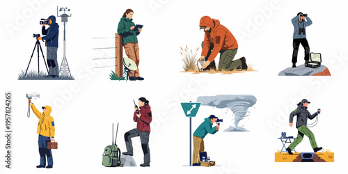 Vector set of weather researchers, storm chasers, and environmental scientists monitoring atmospheric conditions and natural disasters with professional scientific equipment.