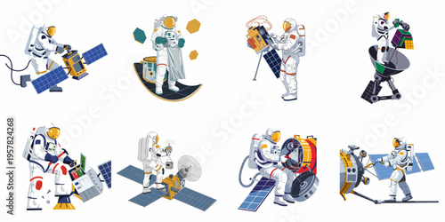 Collection of vector illustrations featuring astronauts in space suits performing maintenance and repair tasks on satellites and space equipment in outer space.