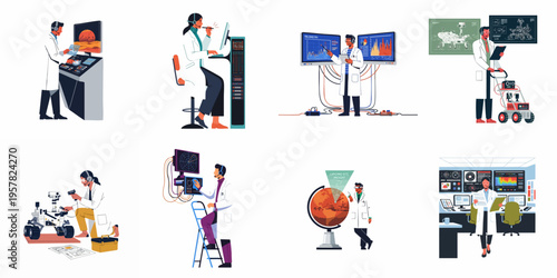 Flat vector illustrations of scientists and engineers managing a Mars space mission, featuring rover operations, telemetry analysis, and mission control center activities.