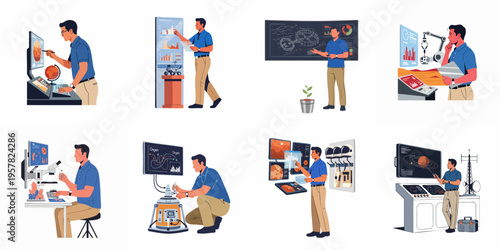 Collection of flat vector illustrations depicting a male scientist performing various tasks related to space exploration, research, and Mars mission engineering.