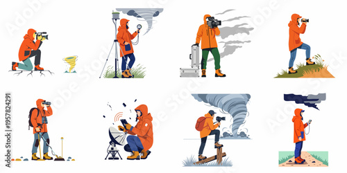 Collection of flat vector illustrations depicting storm chasers and meteorologists monitoring tornadoes and extreme weather events with specialized professional equipment in the field.