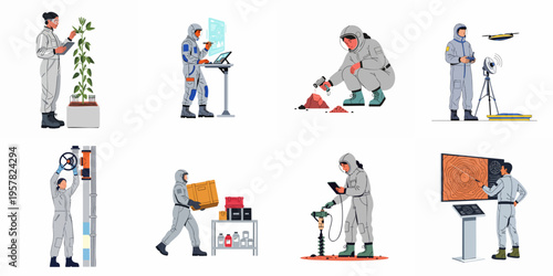 Set of Illustrations Featuring Astronauts and Scientists Conducting Research, Engineering, and Exploration Tasks in a Futuristic Space Colony or Alien Planet Base.