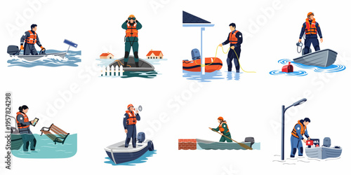 Illustrations of emergency first responders and rescue teams performing search and rescue operations during a major flood natural disaster.