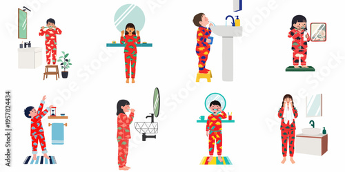 Collection of vector illustrations showing children in red dinosaur pajamas practicing morning and evening dental hygiene and bathroom routines like brushing and flossing.