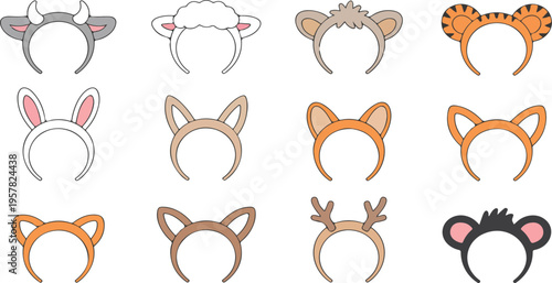 Party Animal Headbands Vector Set with Cute Kids Ears and Horns, Photo Booth Props, Birthday Costume Zoo Accessories