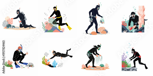 Set of illustrations depicting scuba divers and snorkelers cleaning up plastic pollution and debris from the ocean floor and coral reefs.