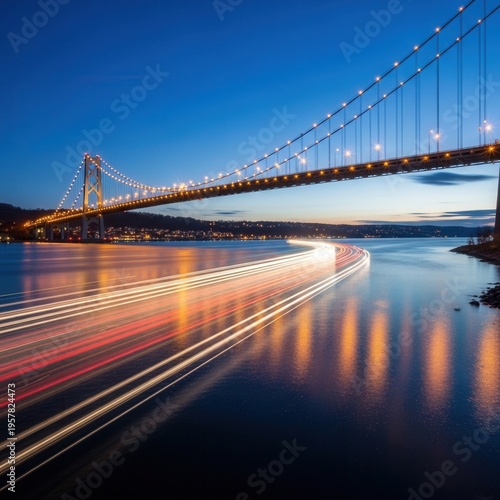 Illuminated Suspension Bridge Under Twilight Sky With Light Trails