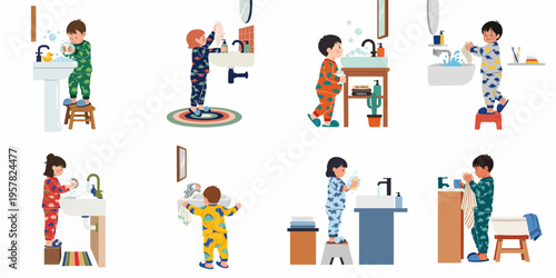 Collection of cute children in pajamas washing their hands and practicing hygiene in the bathroom, flat vector illustration.