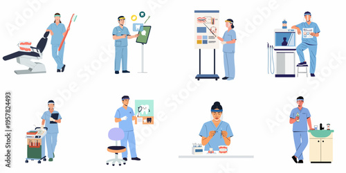 Set of dental professionals in blue scrubs and face shields performing various tasks in a clinic, illustrated in a flat vector style.