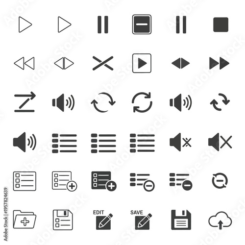 Black icons for media and technology.