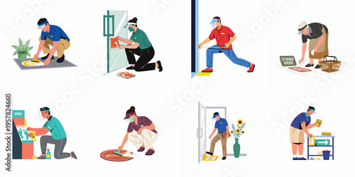 Illustration of People Implementing COVID-19 Safety Measures and Social Distancing Protocols in Retail and Public Spaces.