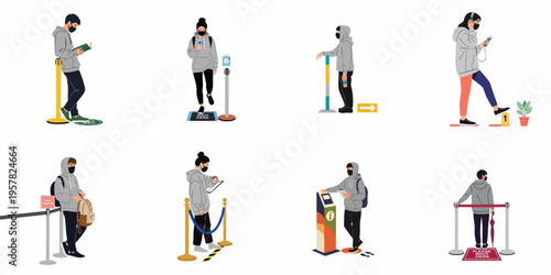 Flat illustration set of people wearing masks and following social distancing guidelines while waiting in line at various public locations.