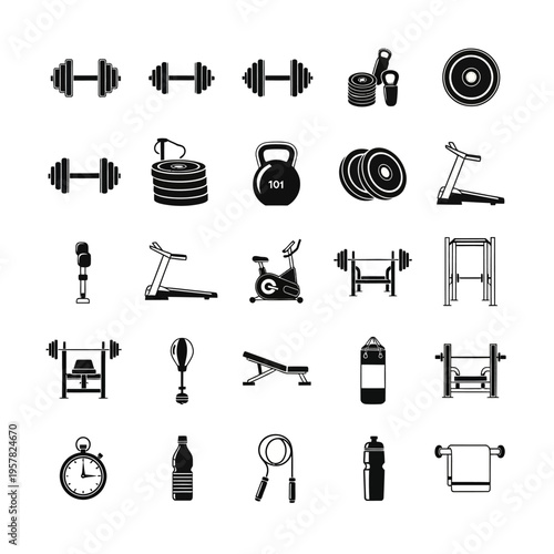 Black icons of gym equipment set.