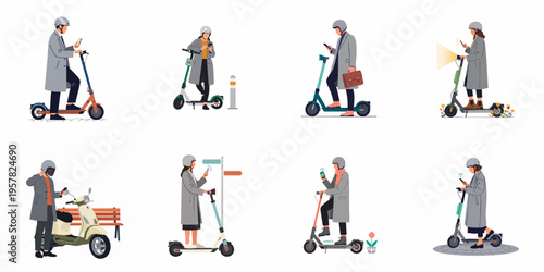 Flat vector illustrations of people using electric scooters and mopeds for city commuting, featuring individuals wearing helmets and using smartphones for navigation.