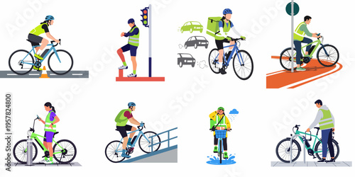 A collection of flat illustrations featuring people riding bicycles, commuting, delivering food, and navigating urban environments with safety gear and equipment.