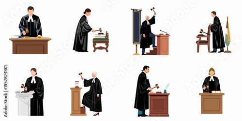 Diverse collection of vector illustrations featuring male and female judges in traditional robes holding gavels, symbolizing law, justice, and court authority.