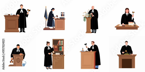 Fotografie Set of diverse professional judges in black robes holding gavels and presiding in courtrooms, flat vector illustration