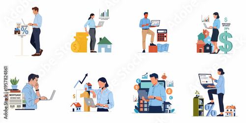 A collection of professional illustrations depicting people analyzing mortgage interest rates, real estate investments, and home loan financial planning for homebuyers.